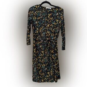 Kasper Long Sleeve Dress with Multicolor Leaf Pattern